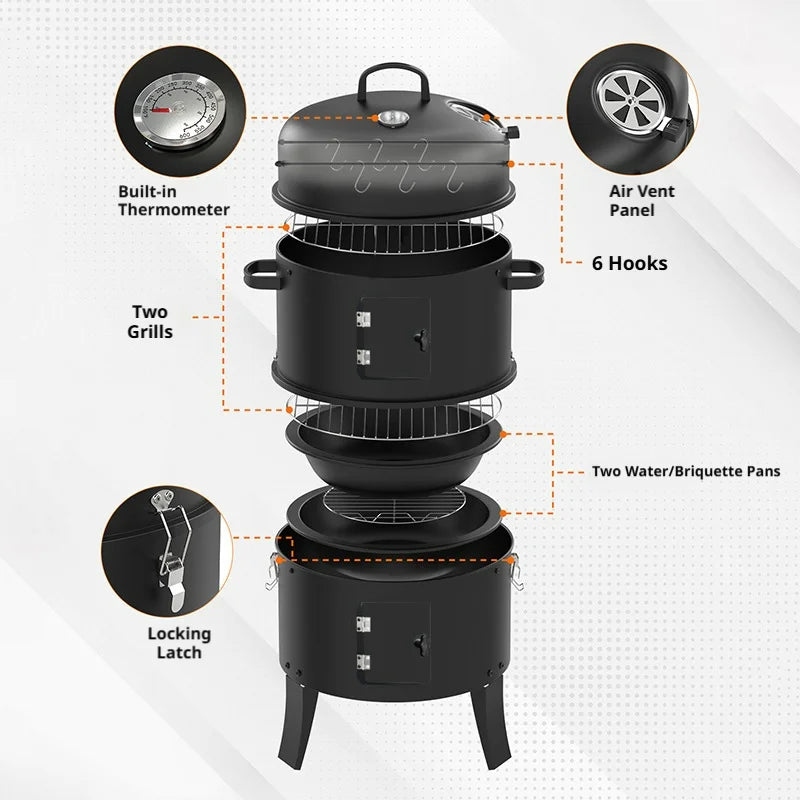 3-Tier Charcoal Smoker Grill, Portable