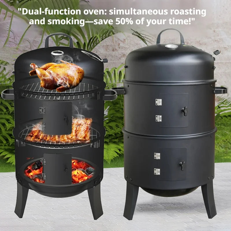 3-Tier Charcoal Smoker Grill, Portable