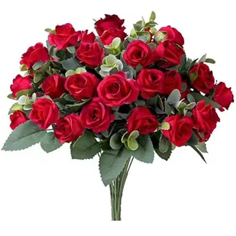 10 Heads Artificial Flower Silk Rose white Eucalyptus leaves