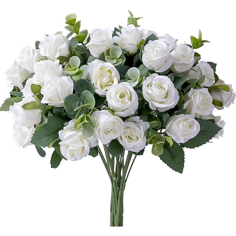 10 Heads Artificial Flower Silk Rose white Eucalyptus leaves