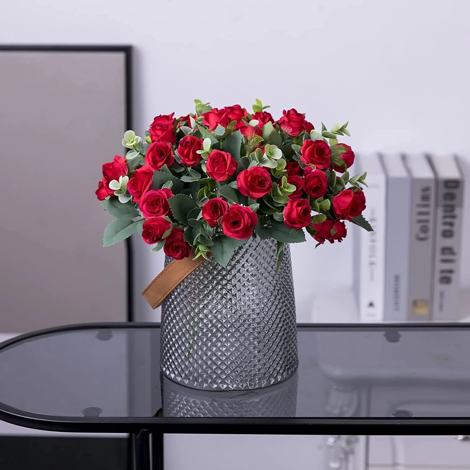 10 Heads Artificial Flower Silk Rose white Eucalyptus leaves