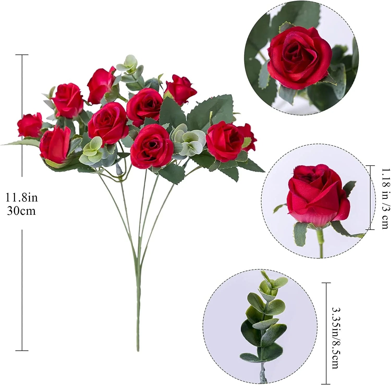 10 Heads Artificial Flower Silk Rose white Eucalyptus leaves