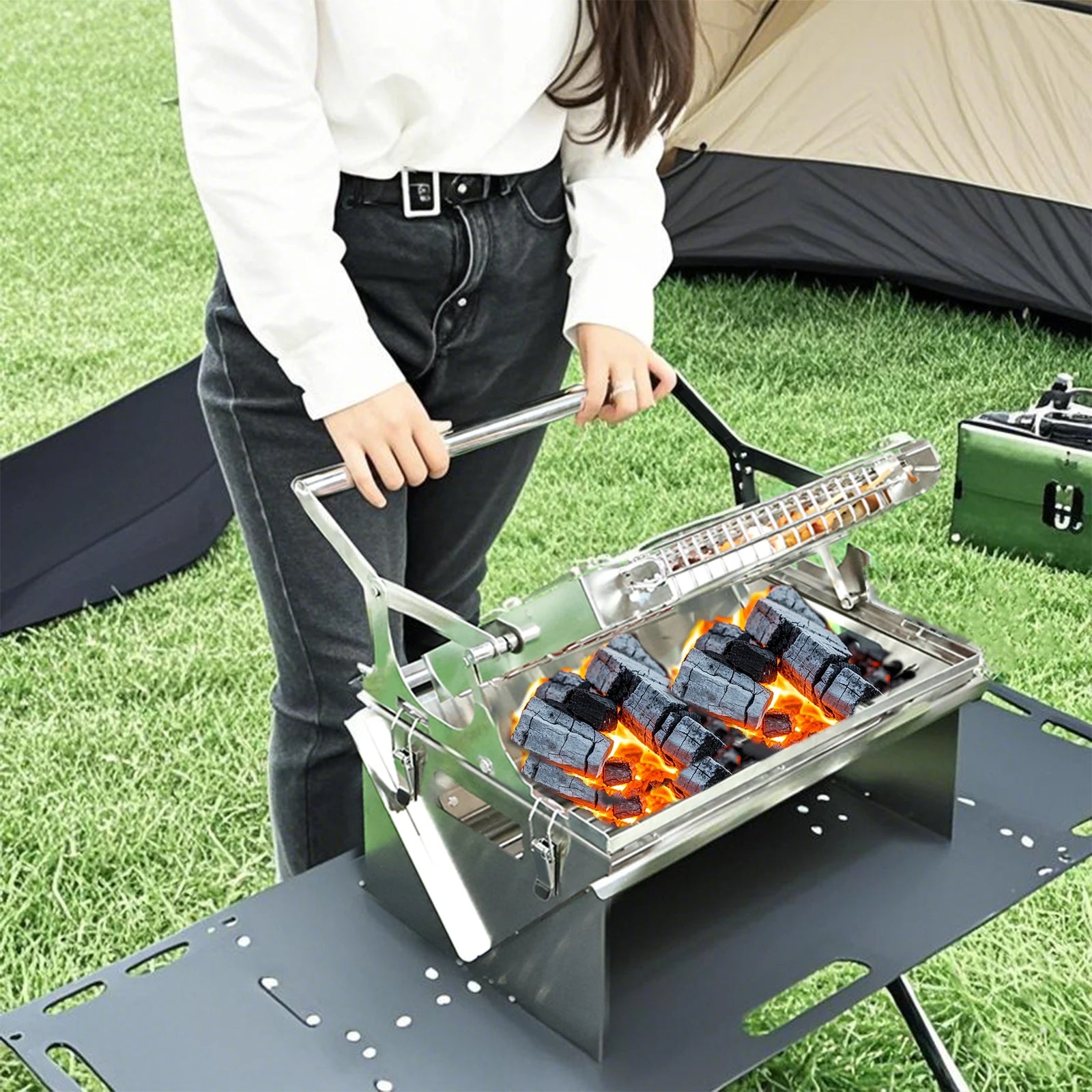 BBQ Grill Camping Turnover The Top Turn 360⁰ Through The Handle