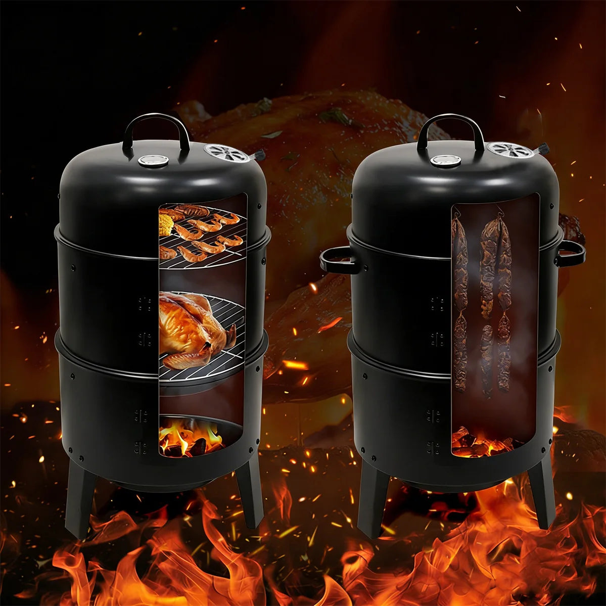 3-Tier Charcoal Smoker Grill, Portable