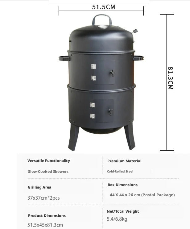 3-Tier Charcoal Smoker Grill, Portable